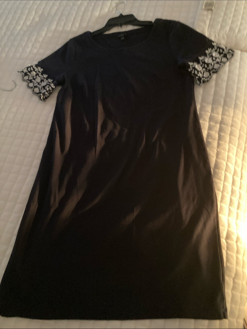 Talbots Navy blue Shift Dress with Scalloped Lace bell Sleeves. Size L.